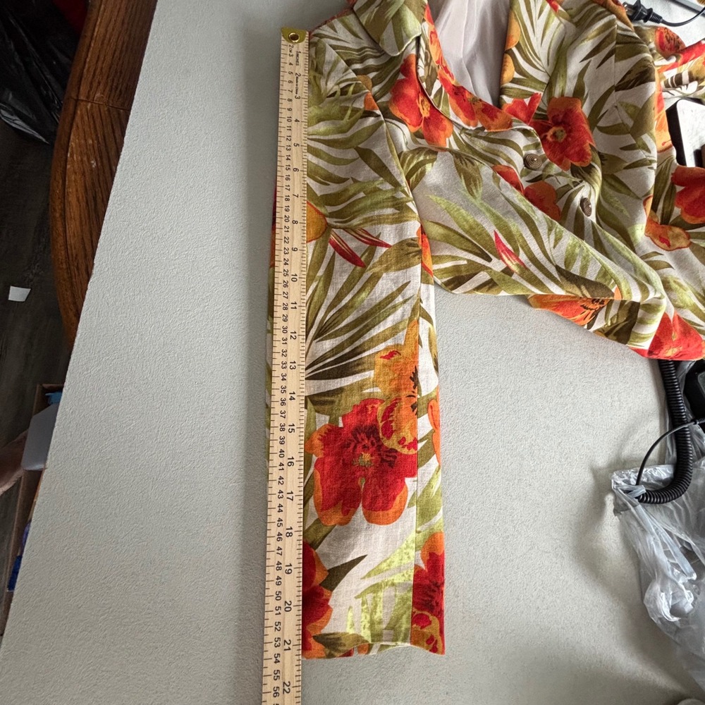 Le Suit Womens 6 Tropical Floral Linen Blend Blazer Orange Green Hibiscus Jacket - Picture 10 of 10